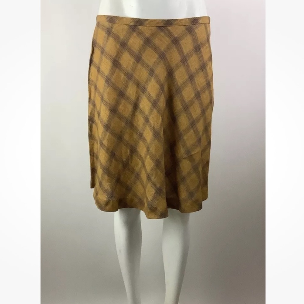 Vintage 90's Mark Shale Sz 12 100% Linen Flare Orange Plaid Skirt Zip Closure